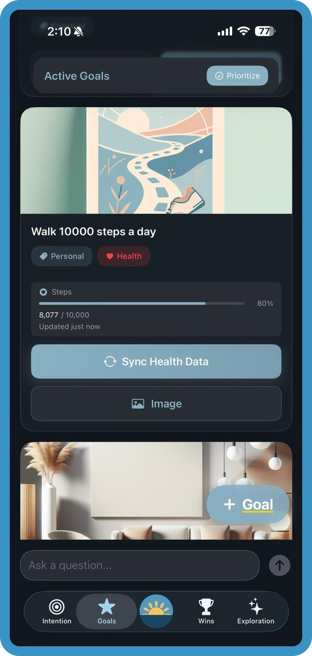 Goals AI app showing goal tracking interface